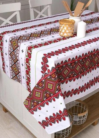 Скатертина для кухні на стіл тканинна з льону в українському стилі вишиванки 150х220 см (Е05015В-2-01) No Brand (308754746)