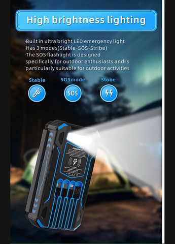 Портативний сонячний павербанк 20000 мАг з бездротовою зарядкою, ліхтарем і пилоударозахистом для екстремальних умов No Brand (313110789)