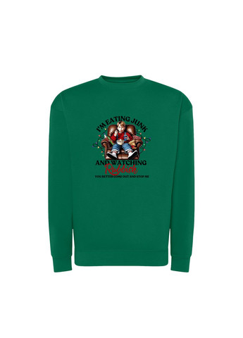 Зелений новорічний світшот з принтом "i'm eating junk and watching rubbish". сам удома / один вдома (10565076843) ТiШОТКА (368570955)