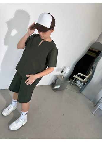 Оливковий (хакі) літній літні комплекти з натурального льону для хлопчика No Brand