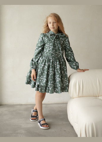 Оливковое модное детское котоновое платье "изабелла" оливкового цвета для стильной девочки No Brand (299152493)