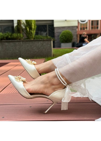 No Brand Женские туфли свадебные атласные и ремешком жемчуг и брошью 9 см белый з текстиль, — (351394257)