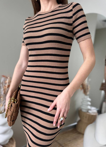 Кавова повсякденний сукня міді приталеного крою з коротким рукавом футляр Allthings в смужку