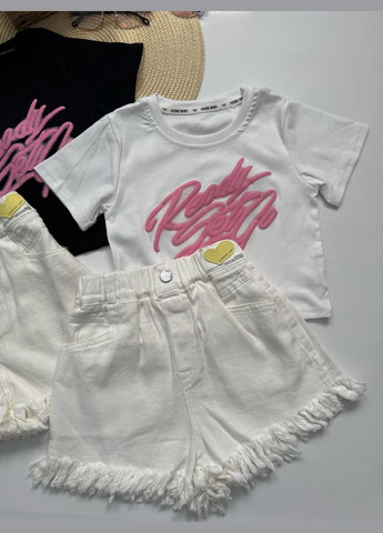 Комбінований демісезонний костюм для дівчинки на літо стильний біла футболка і білі шорти 10794 No Brand