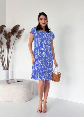 Голубое коктейльное, повседневный, кэжуал, джинсовое необычайно стильное и комфортное летнее платье из штапеля с принтом зебра платье-футболка INNOE с цветочным принтом