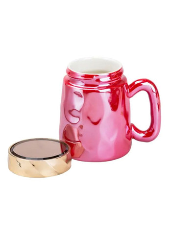 Чашка з кришкою 450 мл фарфорова малинова для дому та офісу кухоль з дзеркальною глазур'ю ProDobro (364190860)