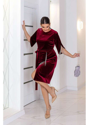 Бордова коктейльна сукня оксамит бахрома 21131 бордова Tanita-Romario