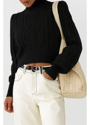 Черный зимний короткий вязаный свитер с косичками Lurex