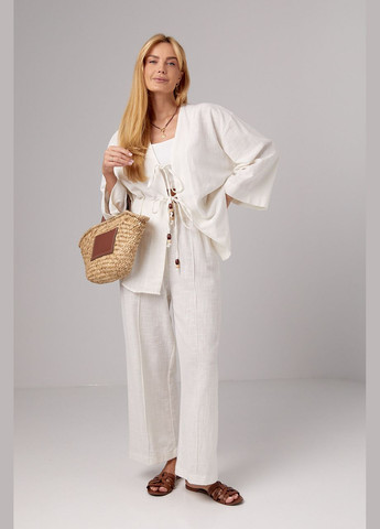 Льняний костюм із прямими штанами та сорочкою на зав'язках Lurex (296471266)