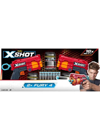 X-Shot Red Швидкострільний бластер EXCEL FURY 4 2 PK (3 банки, 16 патронів), 36329R Zuru (297201171)