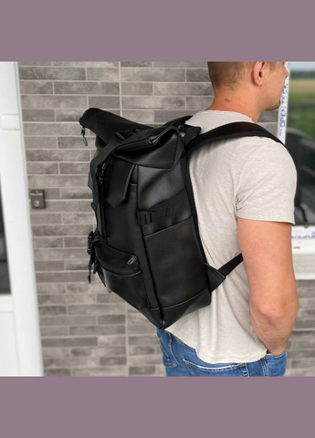 Рюкзак для міста та подорожей Роллтоп чорна екошкіра місткий портфель Travel Bag black No Brand (294335309)