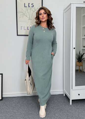 Оливковое повседневный, кэжуал платье макси с длинными рукавами демисезонная из ангоры в рубчик оверсайз, а-силуэт No Brand однотонное