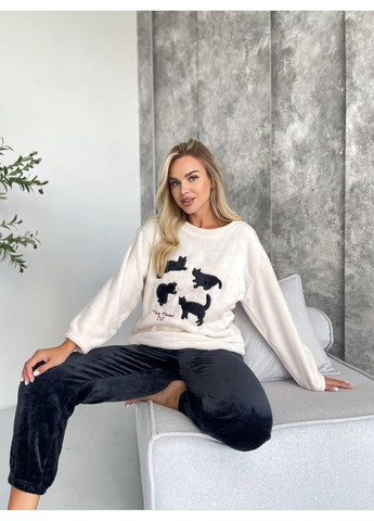 Комбінована жіноча піжама з м’якого флісу з котиками бежево-чорна. тепла піжама флісова з принтом котів для дому No Brand