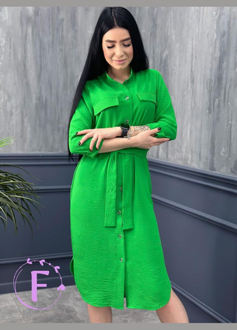 Зеленое длинное платье-рубашка с поясом Fashion Girl