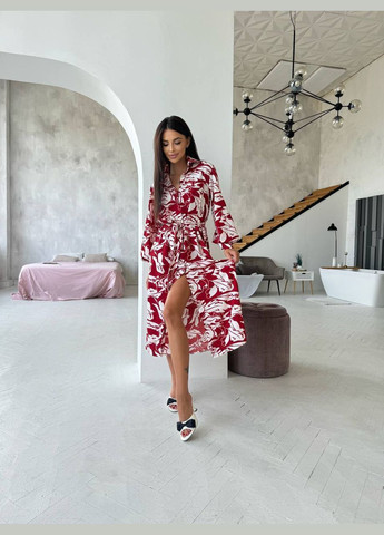 Бордовое кэжуал платье No Brand с цветочным принтом