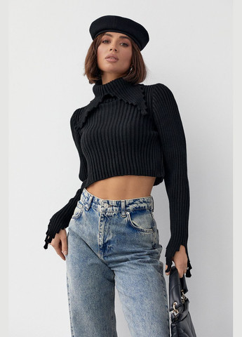 Черный зимний укороченный свитер с рельефной горловиной и рукавами - черный Lurex