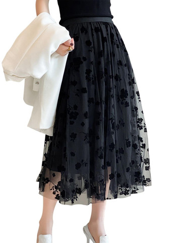 Черная повседневная цветочной расцветки юбка женская миди сетка в цветы на резинке однотонная No Brand а-силуэта (трапеция)