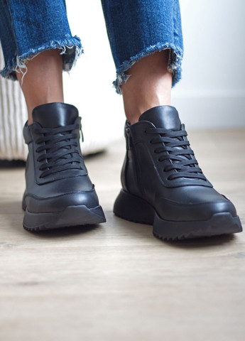 Кроссовки женские осенние из натуральной кожи No Brand 3802/1 чёрные демисезоны (366817372)