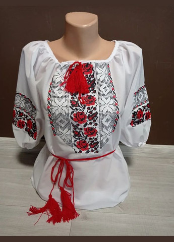 Біла жіноча біла блузка з вишивкою "традиція" з рукавом 3/4 україна українатд 42-48 розміри візерунок українська символіка приталена шифон (312550908)