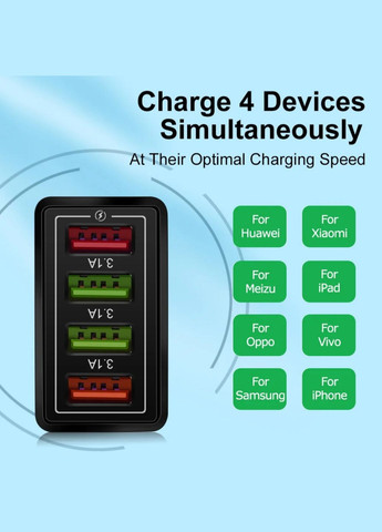 Мережевий зарядний пристрій із 4 USB-портами та підтримкою швидкого заряджання, 3.1 А Maer (342067594)