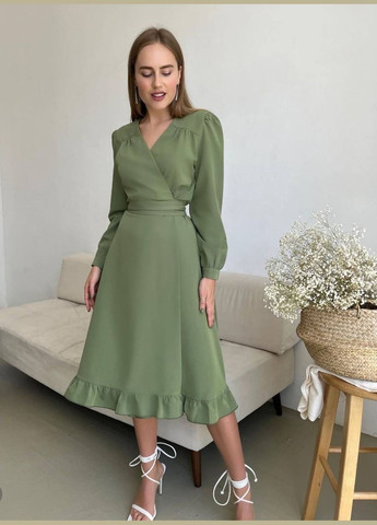 Оливкова (хакі) ділова, повсякденний, святковий, вечірня ніжна весняна сукня на запах SAVOY BRAND