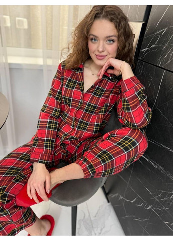 Червона піжама жіноча клітка червоно-чорна фланелева / домашній костюм жіночий теплий у червону клітинку / піжама жіноча фланель червона No Brand