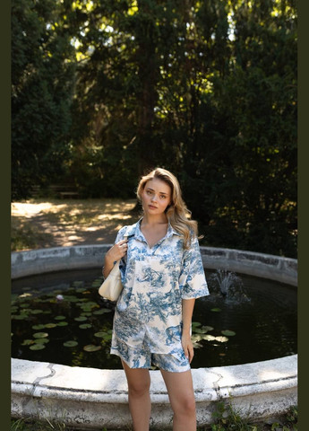 Літній костюм двійка з поясом та принтом Діор блакитний No Brand 242-3 (341328434)