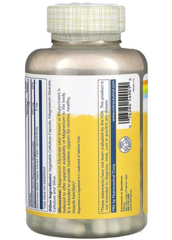 Магний глицинат с повышенной усвояемостью, 350 мг, 120 капсул,. Solaray (366819849)