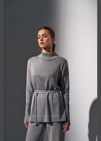 Серый демисезонный женский удлиненный джемпер из вискозной пряжи с поясом (2706) Triko Bakh