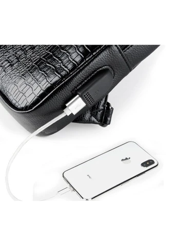 Мужская сумка слинг нагрудная черная под крокодила с портом USB No Brand (394176726)