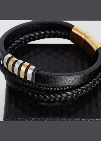 Мужской кожаный браслет, черный с золотыми вставками. No Brand (328251254)